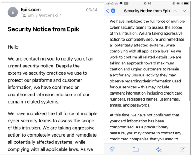 Epik begins emailing data breach notices to customers.