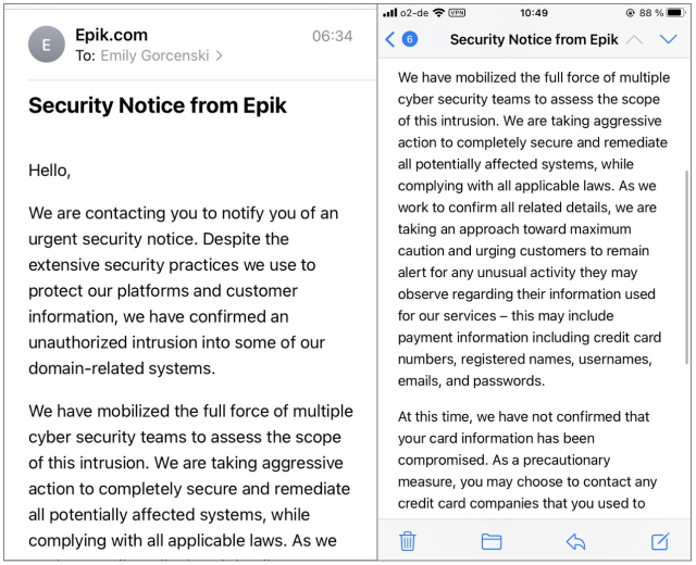 Epik commence à envoyer par e-mail un avis de violation de données aux clients.