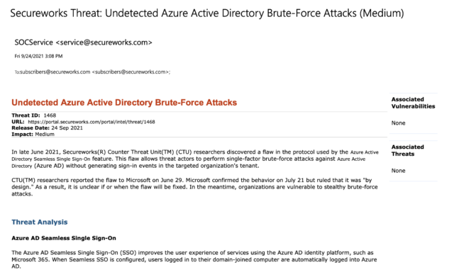 Secureworks sends email to customers regarding Azure Active Directory vulnerability.
