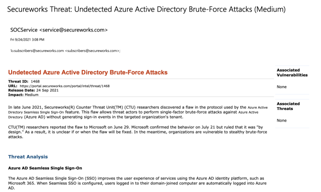 Secureworks envoie un e-mail à ses clients concernant la faille Active Directory d'Azure.