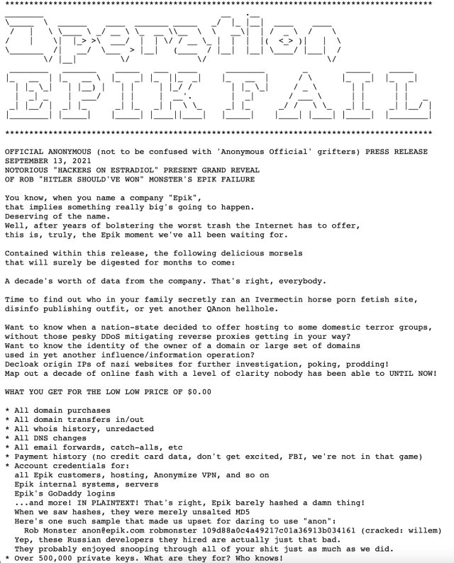 Epik data breach note by Anonymous