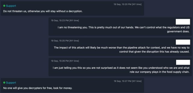 Negotiation chat between NEW Cooperative and BlackMatter ransomware operation.