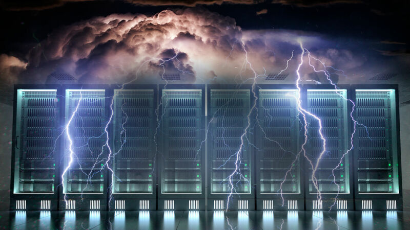 The storm clouds have been Photoshopped to make lightning strike down on computer components.