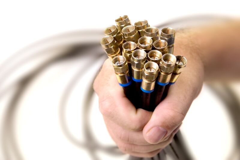 A person's hand holding a bundle of coaxial cables.