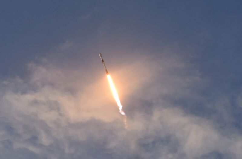 A SpaceX Falcon 9 rocket soaring upward just after being launched.