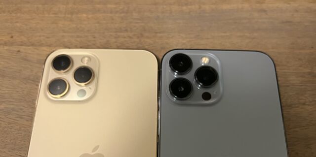 On the left: the iPhone 12 Pro Max's camera system. On the right: the iPhone 13 Pro Max.