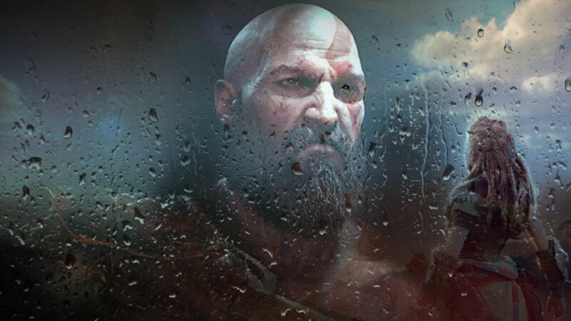 Video game characters have been photoshopped behind a rain-speckled window.