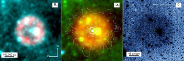 Imágenes en falso color de la estrella de Parker y la nebulosa Pa30, que los científicos dicen que ahora están vinculadas a informes de una supernova vista en 1181.