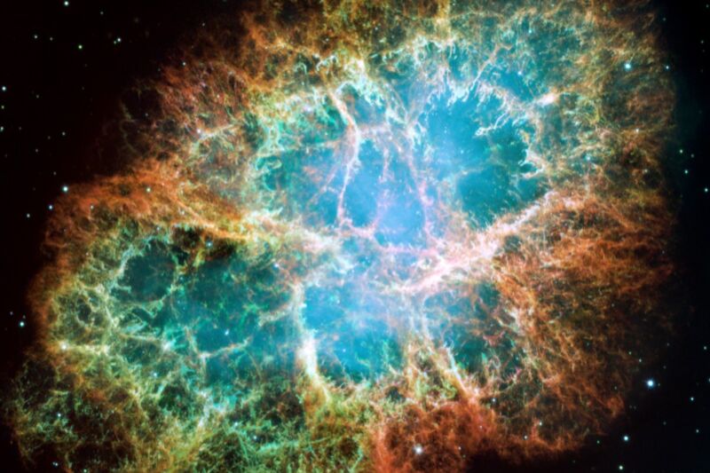 Hubble Space Telescope mosaic image of the Crab Nebula, a six-light-year-wide expanding remnant of a star