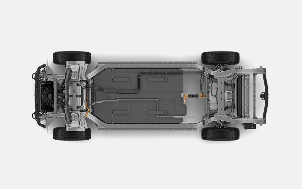 The R1T chassis and battery, as seen from above.