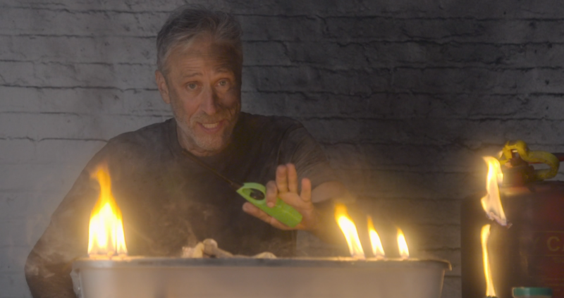 Jon Stewart is back on TV to set some things on fire.