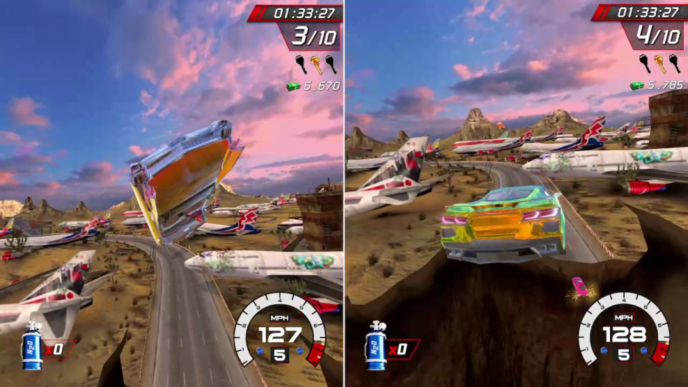 Split-screen modes see <em>Cruis'n Blast</em> severely turn down visual effects to keep the frame rate decent. It works.