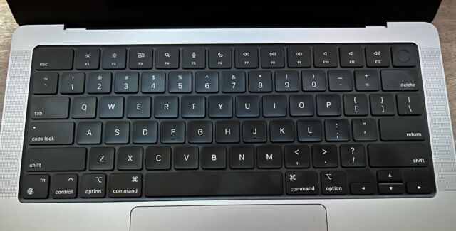 The keyboard on the 14-inch MacBook Pro. The 16-inch has the same layout, and the key sizes are also the same.