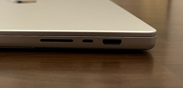 An SD card slot, Thunderbolt, and HDMI on the 16-inch MacBook Pro.