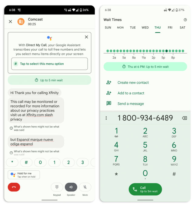 Google's phone features. The left is menu transcription, which even transcribes the Spanish part of the menu. On the right is crowd-sourced phone call busy times. It's supposed to be a bar graph, but in this prerelease form, there's no data yet. 