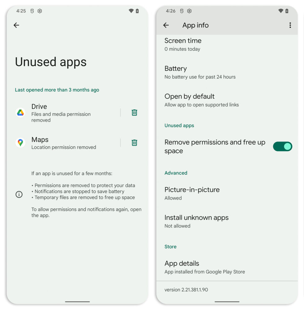 The new "unused apps" page lists hibernated apps. In the app info settings, the "remove permissions and free up space" switch can be turned off, which will make apps immune to hibernation.