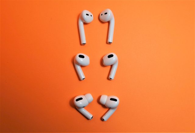 Top to bottom: Apple's second-gen AirPods, third-gen AirPods, and AirPods Pro.