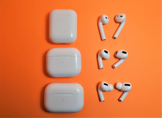 From top to bottom: second-generation AirPods, third-generation AirPods, and Apple AirPods Pro.