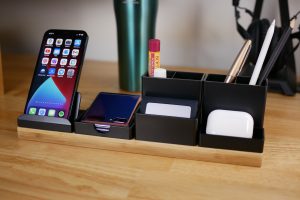 Minimalist desk organizer at work.