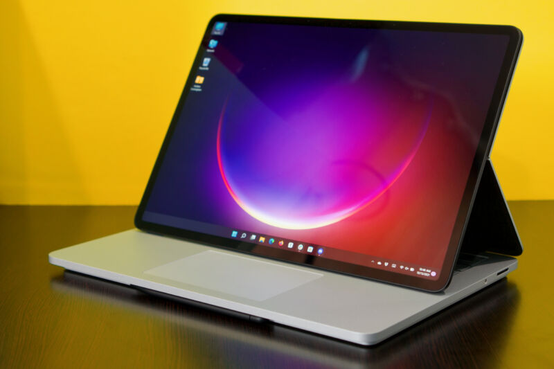 The Surface Laptop Studio with its screen popped out over its keyboard.