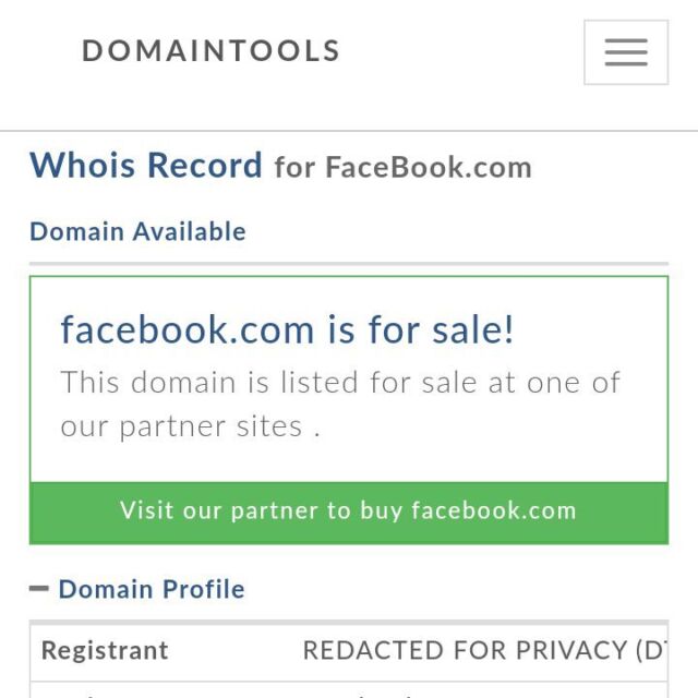 Facebook.com n'est pas à vendre, c'est simplement hors ligne. Certains outils mal codés ne savent tout simplement pas comment gérer l'intégralité du registraire pour un domaine indisponible.