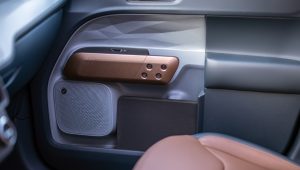 The door card of a Ford Maverick showing how it holds a tablet