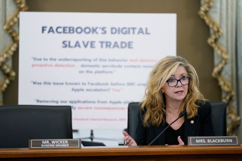 Sen. Marsha Blackburn (R-Tenn.) speaks as Facebook head of global safety, Antigone Davis, testifies before a hearing of the Senate Subcommittee on Consumer Protection focusing on Facebook, Instagram, and mental health harms on September 30, 2021.