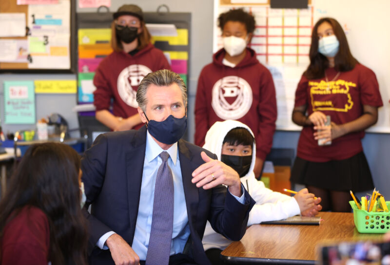 California Gov. Gavin Newsom talks with 7th grade students at James Denman Middle School on October 01, 2021 in San Francisco, California. 