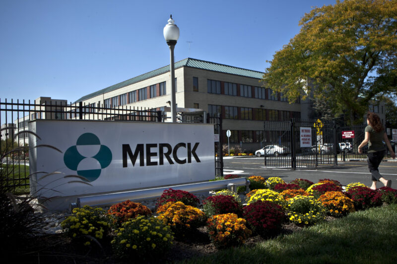 A Merck sign stands in front of the company building on October 2, 2013, in Summit, New Jersey. 