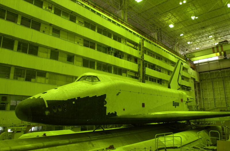 The original Buran shuttle, which flew one time, is photographed in the year 2000 two years before its destruction. 