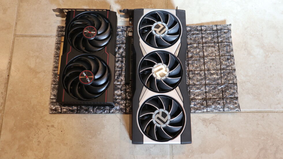 The RX 6600 is smaller in length compared to the RX 6800XT.