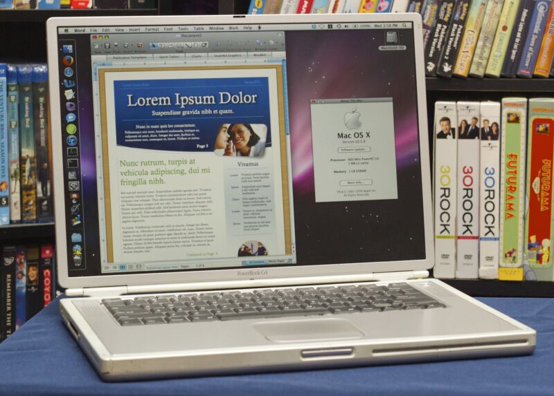 An old PowerBook G4 running Mac OS X 10.5 Leopard, Microsoft Word 2008, and the TenFourFox browser.