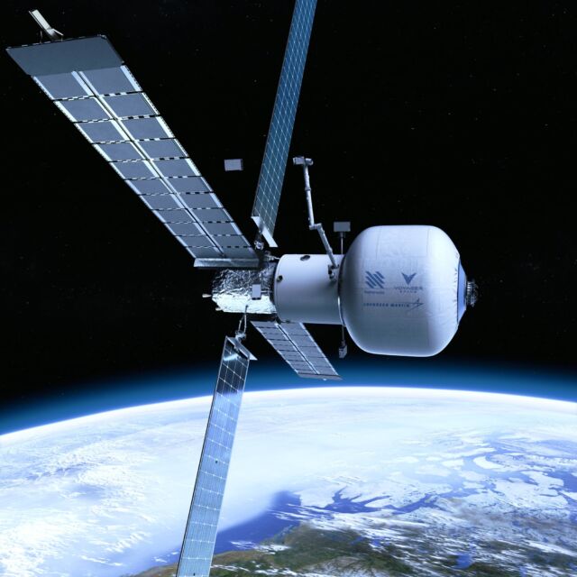 Alçak Dünya yörüngesindeki Starlab'ın bu sunumu, istasyonun şişirilebilir bir yerleşim modülü ile orijinal tasarımını gösteriyor.
