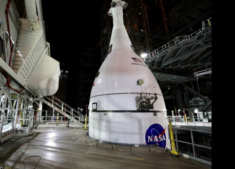 The top of a rocket at night.