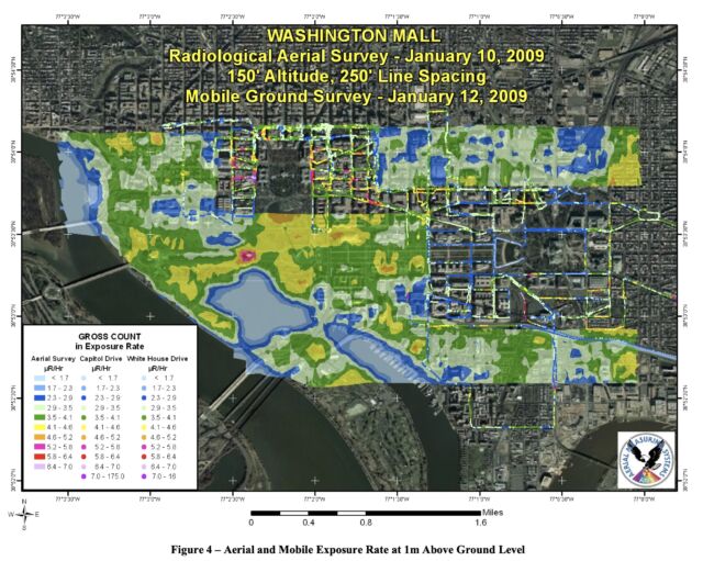 The map produced by NNSA for the 2009 presidential inauguration. Note the "bullseye" pattern where the National World War II Memorial stands.