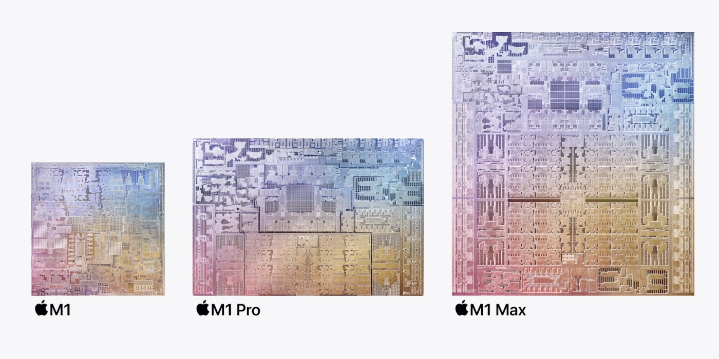 The M1 SoC die compared to M1 Pro and M1 Max. 