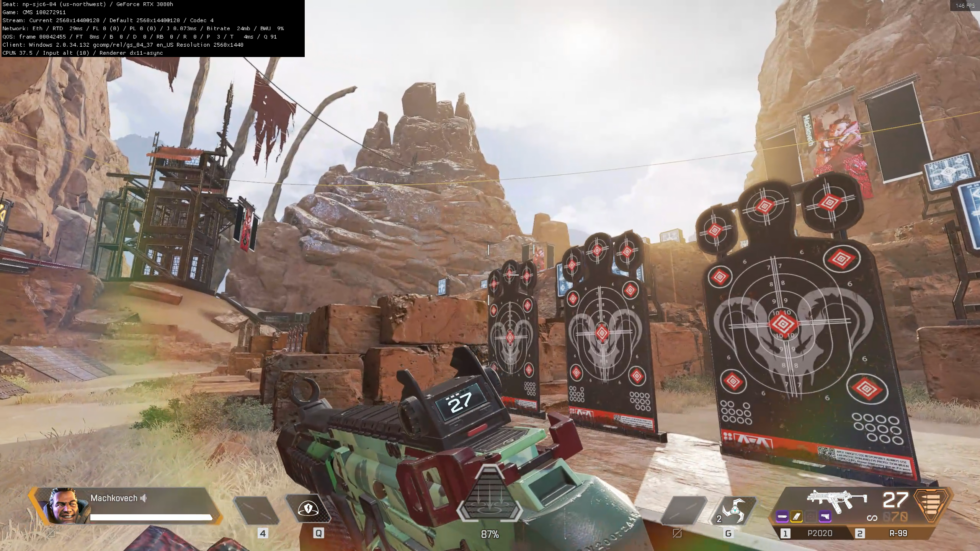 A screen shot taken mid-stride while playing <em>Apex Legends</em> at 120 fps, 1440p resolution on GeForce Now 3080. The image quality is resolving quite clearly, in spite of my character's high-speed run. (As a bonus, I also offer a peek at GeForce Now's diagnostic menus at the top-left.)