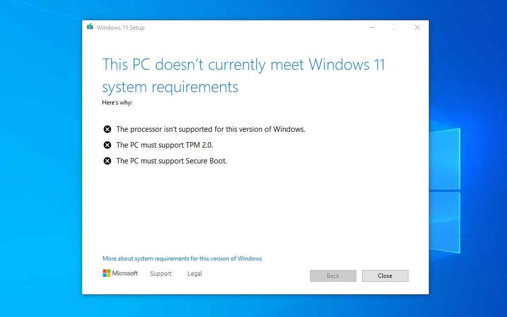 One of many different versions of this screen that the Windows 11 installer will show you if your PC doesn't meet the requirements.
