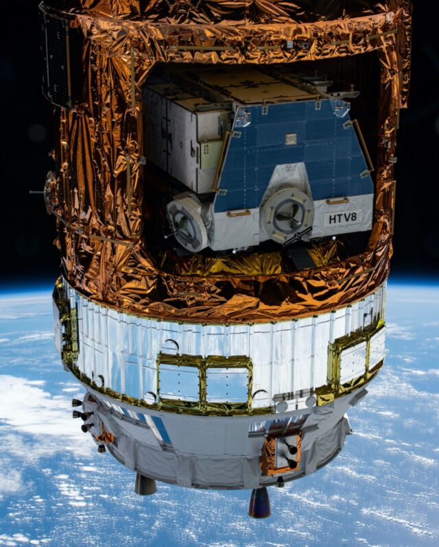 Japan's ninth HTV cargo ship departed the International Space Station in 2020 with the pallet from the previous HTV mission holding old nickel-hydrogen batteries.