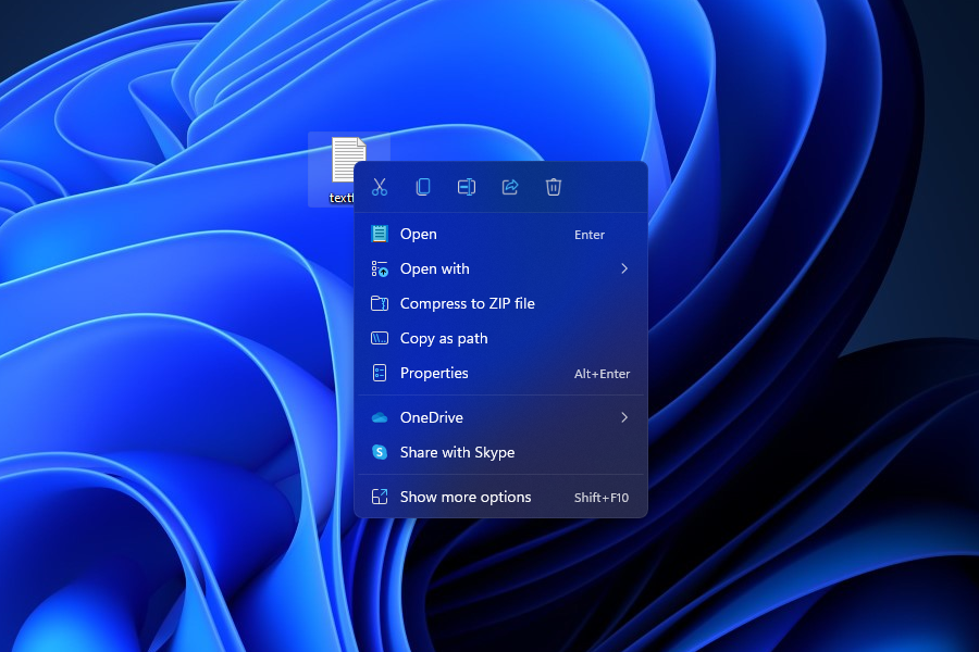 The new context menu is shorter and more streamlined. Common controls are in a row across the top.