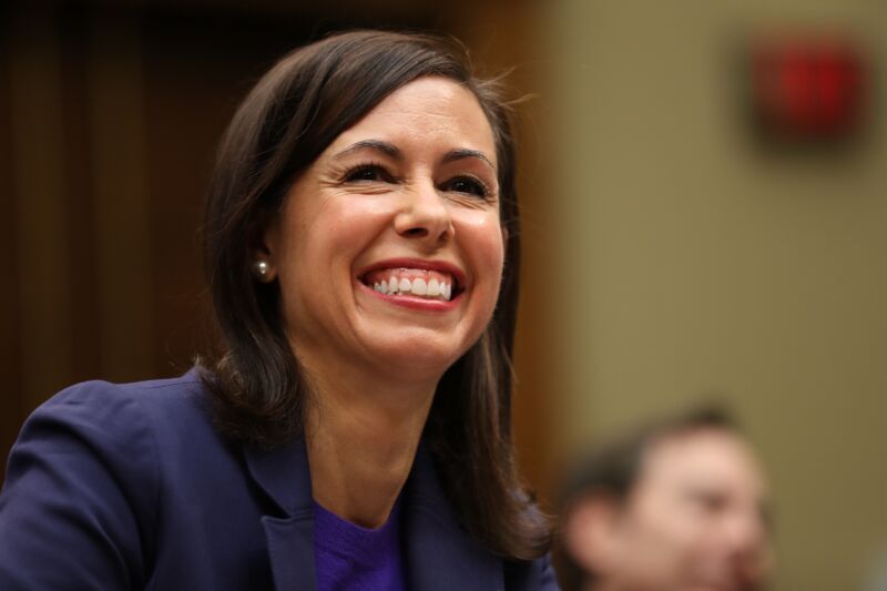 FCC Commissioner Jessica Rosenworcel smiling as she testifies in front of Congress during a 2019 hearing.