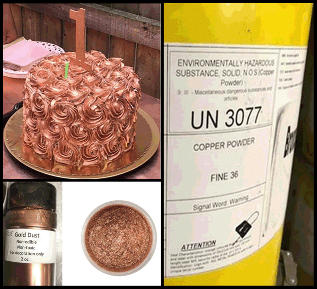 A birthday cake with rose gold dust frosting, a bottle of gold dust used for cake decorating, and industrial drums containing fine copper powder—Rhode Island, 2018.