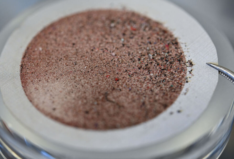 Microplastic particles have settled on a stainless steel membrane after filtration in the laboratory of the Institute of Environmental and Process Engineering at RheinMain University in Hessen, Rüsselsheim, Germany.