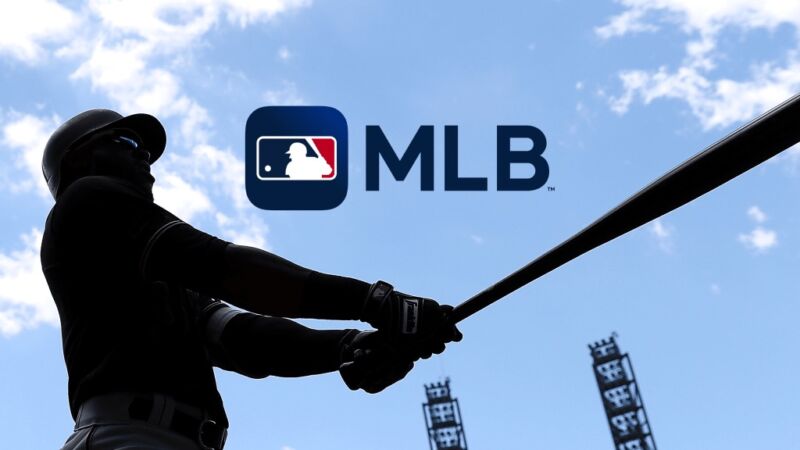 A Major League Baseball logo and a baseball player holding a bat.