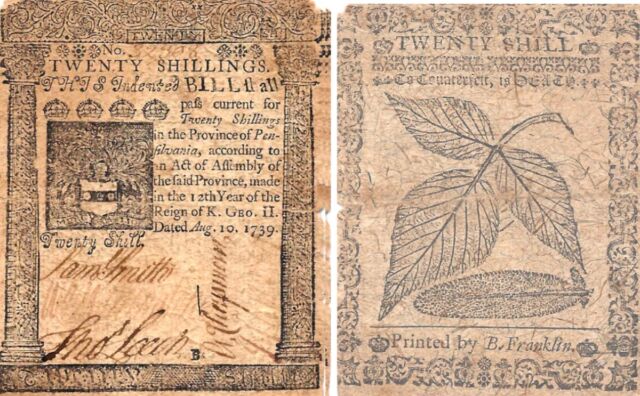 A 20-shilling bill, date August 10, 1739, printed by Benjamin Franklin.