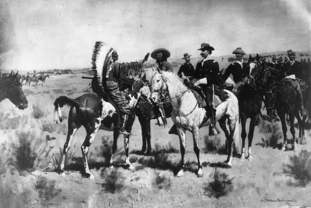 Octobre 1876 : Le Général Nelson Miles Discute Avec Le Chef Sitting Bull Après La Défaite De L’armée À Little Big Horn. Artiste Original : Frederic Remington (1861-1909). 