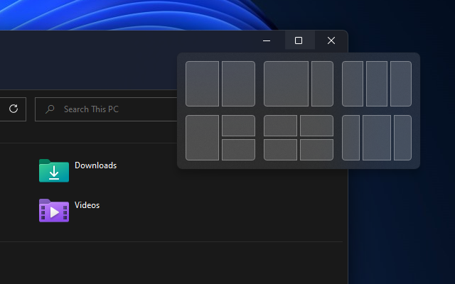 Snap Layouts on a larger monitor, with six different layout presets.