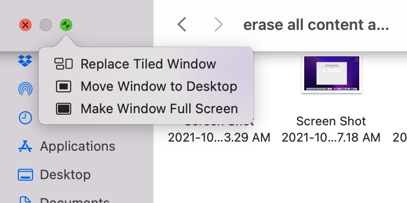 Some new options for full-screened windows when you hover over the green stoplight.