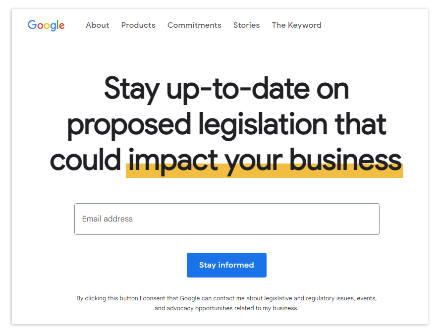A screenshot of Google's site, which asks users to sign up for its political mailing list. 