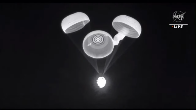 NASA Television of the Crew-2 landing shows three main parachutes deployed, with a fourth one lagging behind.
